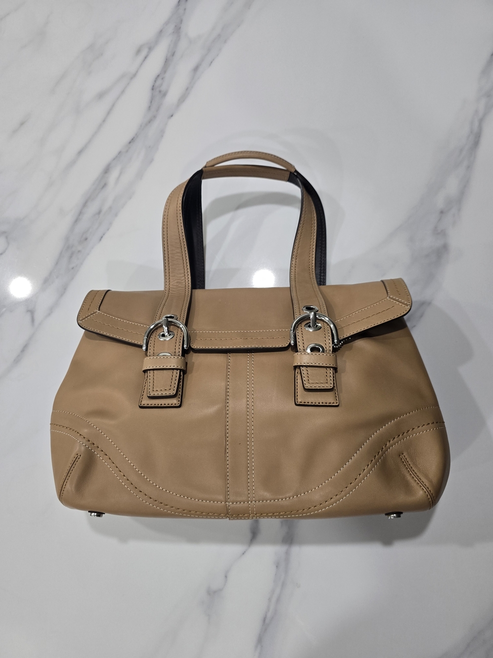 Coach Tan Leather Shoulder Satchel with Silver Buckle Accents